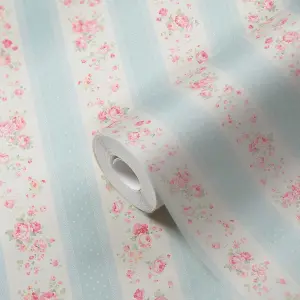 Galerie Maison Charme Blue Vintage Rose Stripe Motif Wallpaper Roll