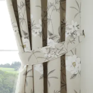 Eve 100% Cotton Floral Pair of Pencil Pleat Curtains With Tie-Backs