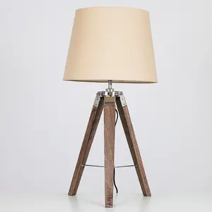 ValueLights Clipper Pair of Distressed Wood and Silver Chrome Tripod Table Lamps with Beige Light Shades