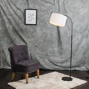 ValueLights Designer Style Black Curved Stem Floor Lamp With White Cylinder Shade - Includes 6w LED GLS Bulb 3000K Warm White