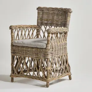 High Back Armchair Grey Removable Cushion Seat with a Classic Rattan Weave Frame