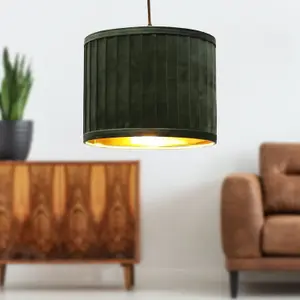 First Choice Lighting Sundance Dark Green Velvet Pleated 25cm Lamp Shade with Gold Inner