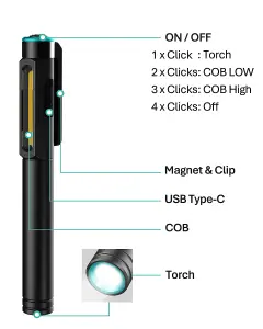 KOOLITE 3-Way Rechargeable LED Work Light COB Inspection lamp with Magnetic clip Pocket Pen design Battery Powered IK07