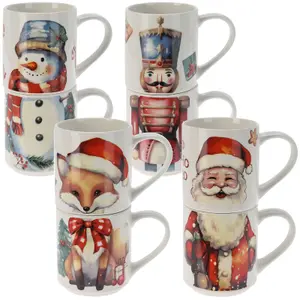 URBN-CHEF 265ml 8 Pcs Tea Coffee Santa Mugs Gift Set Stackable Cups with Christmas Design