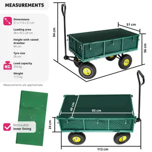 Garden Trolley - foldable side walls, steering axle, padded handle, 350 kg load capacity - green