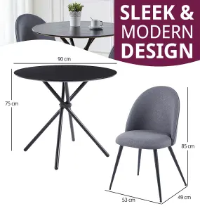 Hallowood Furniture Cullompton Small Round Black Dining Table 90cm with 2 Curved-back Grey Fabric Chairs