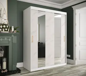 Modern White Geneva Sliding Door Wardrobe W1500mm H2000mm D620mm - Mirrored Doors, Gold Handles, Efficient Storage