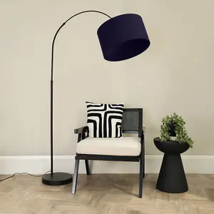 ValueLights Louis Black Arched Curved Floor Lamp with Navy Blue Fabric Drum Lamp Shade and LED Bulb