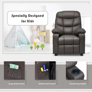 COSTWAY Kids Single Sofa Chair PU Leather Children Armchair Recliner with Cup Holders