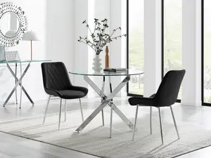 Furniturebox UK Novara 100cm Round  Dining Table and 2 Black Pesaro Silver Leg Chairs