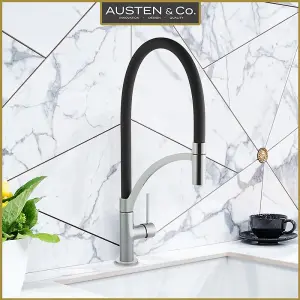 Austen & Co. Madrid Brushed Chrome With Black Pullout Spray Hose Kitchen Mixer Tap. Single Lever Handle & 360 Degree Spout