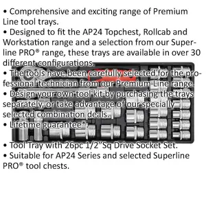 Premium 26 Piece 1/2" Drive Socket Set with Modular Tool Storage Tray