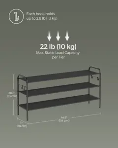 SONGMICS Shoe Rack, 3-Tier Shoe Organiser, Fabric Shoe Shelf Storage with 4 Hooks, Holds up to 18 Pairs of Shoes