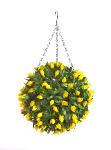 Pair of Best Artificial 28cm Yellow Tulip Hanging Basket Flower Topiary Ball - Suitable for Outdoor Use - Weather & Fade Resistant