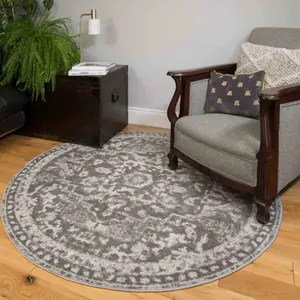 Silver Grey Traditional Medallion Bordered Round Rug 120x120cm