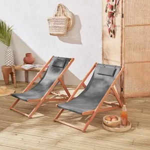 sweeek. Pair of eucalyptus deck chairs with headrest cushions Creus Anthracite 102x56x86 cm