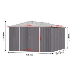 10 x 10 ft Grey Apex Metal Garden Storage Shed Outdoor Storage Shed with Lockable Double Door