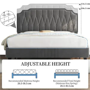 Yaheetech Dark Grey 4ft6 Double Upholstered Bed Frame with Button-Tufted Adjustable Headboard and Wooden Slat Support