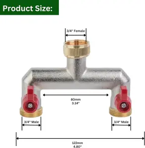 Brass 2-Way Garden Hose Tap Splitter with PTFE Tape  Durable three-quarts" Outdoor Tap Connector with Individual Valves