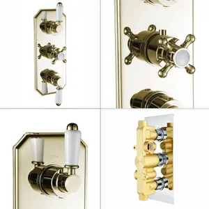 ENKI Regent English Gold White Crosshead 2-Outlet Solid Brass Thermostatic Triple Shower Valve TSV037