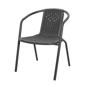 Set of 2 Black Vintage Style Stacking Rattan Patio Garden Chairs Outdoor Armchairs with Metal Frame