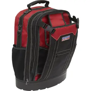 Red Tool Backpack - Durable Multi Pocket Storage for Professionals and DIY Enthusiasts