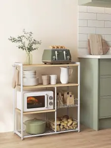 VASAGLE Baker's Rack, Kitchen Island With 2 Metal Mesh Baskets, Shelves And Hooks,  Industrial Style, Oak Beige And White