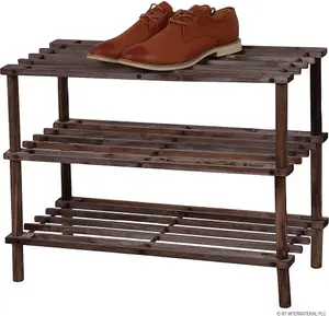 Wooden Shoe Rack Footwear Storage Organiser Unit Slated New Dark Oak Effect, 3 Tier