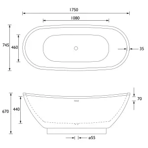 Heritage Oxted Gloss White Acrylic Curved Left or right-handed Double ended Bath (L)1750mm (W)745mm