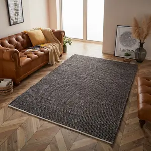 Handmade Modern Plain Wool Easy to Clean Textured Charcoal Rug for Living Room & Bedroom-200cm X 290cm