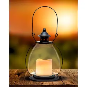 Metal & Glass Shepherds Lantern with LED Faux Candle - Freestanding or Hanging Decoration - H28cm x 15cm Diameter