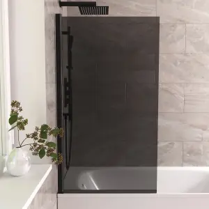 Nes Home 800mm Square Bath Screen Black Profile Tinted Black Glass Reversible  Kai