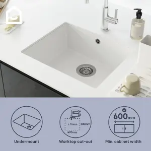 GoodHome Sorrel White Composite quartz 1 Bowl Kitchen sink 550mm x 460mm