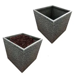 1 x Square Brick Slate Effect 38cm Grey Plastic Lightweight Summer Flower Gardening Plant Pot