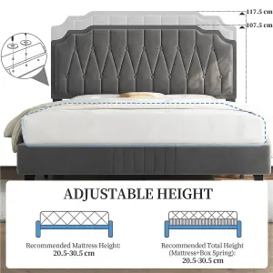 Yaheetech Dark Grey 5ft King Upholstered Bed Frame with Button-Tufted Adjustable Headboard and Wooden Slat Support