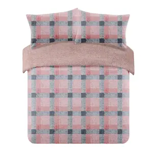 Dreamscene Check Teddy Duvet Cover Pillowcase Bedding Set, Blush - King