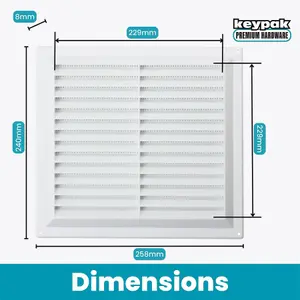 Map Plastic Louvre Air Vent with Flyscreen, Openings 9" x 9" (229mm x 229mm), Triple Brick Wall Grille Cover, White