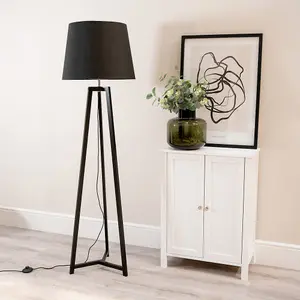 ValueLights Lottie Black Wood Tripod Floor Lamp with Black Tapered Shade - LED Bulb Included