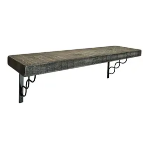 Solid Wood Handmade Rustical Shelf Monochrome 225mm 9 inch with Black Metal Bracket WPRP Length of 200cm