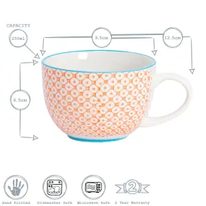 Nicola Spring - Hand-Printed Cappuccino Cups - 250ml - Orange - Pack of 6