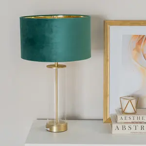 ValueLights Balan Glass with Gold Table Lamp and Forest Green Velvet with Metallic Gold Inner Lamp Shade