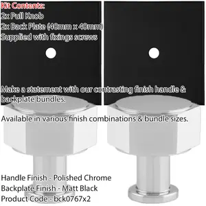 2 PACK - Cabinet Door Knob & Contrasting Backplate Set - Hex Kitchen Pull - Polished Chrome & Black