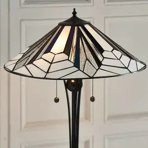 1.6m Tiffany Twin Floor Lamp Black Stem & Retro Stained Glass Shade i00003