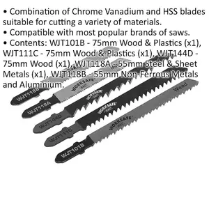 5-Pack Assorted Jigsaw Blades for Wood, Plastic, Steel, and Metal Cutting