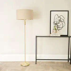 ValueLights Maggie Gold Metal Candlestick Floor Lamp with Beige and Metallic Gold Lamp Shade and LED Bub