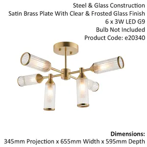 Brass Semi Flush 6 Bulb Ceiling Light - Ribbed Glass Shades & Frosted Diffusers