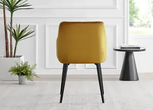 Set of 2 Calla Mustard Yellow Deep Padded High Arm Soft Touch Stitched Velvet Black Powder Coated Leg Dining Chairs