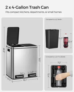 30L Recycle Bin Trash Can with Inner Classified Bins 2 x 15L for Kitchen Stainless Steel LTB30H