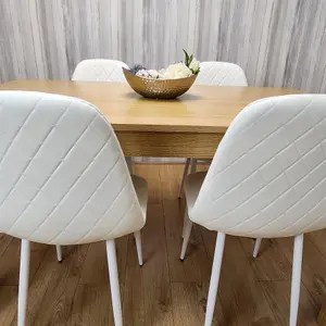 Wooden Dining Table with 4 white Gem Patterned Chairs Oak Effect Table with white Chairs