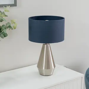 ValueLights Jax Silver Metal Touch Dimmer Table Lamp with Navy Blue Drum Shade